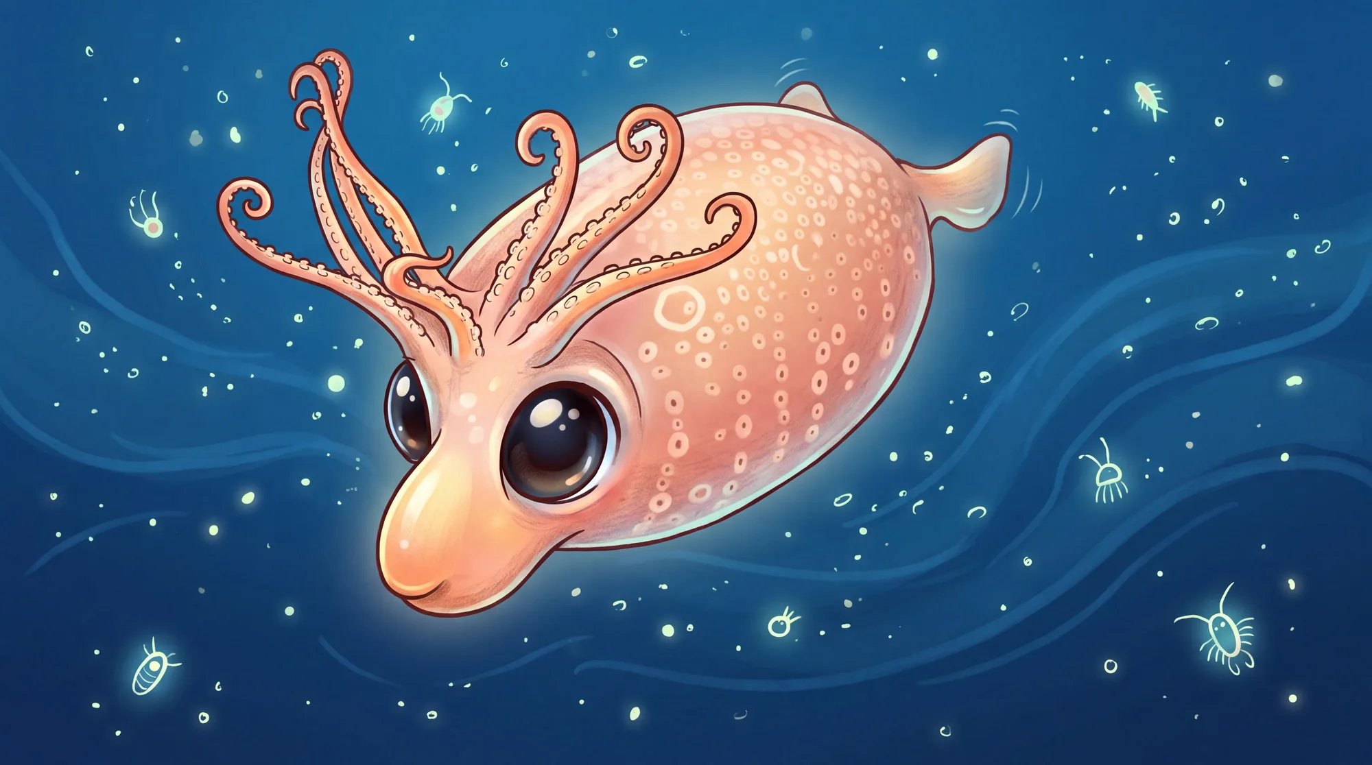 A small, round piglet squid drifting through deep blue water among glowing specks of plankton.